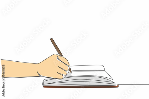 Continuous one line drawing hand writing using a pen on a thick book. Making prose. Romantic poems. Writing life stories. Author. Signature. Wordsmith Day. Single line draw design vector illustration