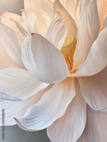 Close-up of a delicate flower with soft white and peach petals.