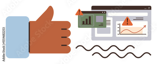 Thumbs-up gesture beside web dashboard with graphs, warning symbols, and squiggly lines. Ideal for analytics, feedback, tech issues, data monitoring, process evaluation, teamwork simple flat