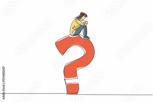 Single one line drawing woman in casual clothes sitting on big question mark while contemplating. Why be away from family. Homesick. National Day of Reason. Continuous line design graphic illustration