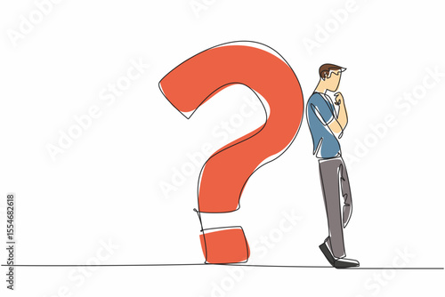 Single continuous line drawing man in casual clothes leaning his back against big question mark. Find the best solution. Get out of trouble. National Day of Reason. One line design vector illustration