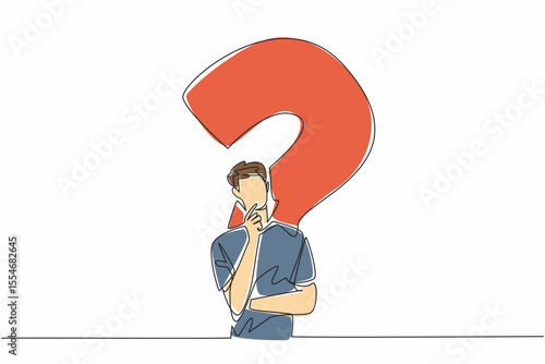 Single one line drawing man with thinking gesture with big question mark background. Thinking very hard to find a solution. Idea. National Day of Reason. Continuous line design graphic illustration