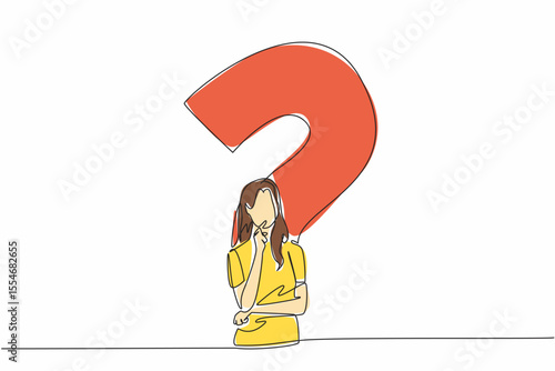 Continuous one line drawing woman with thinking gesture with big question mark background. Thinking out loud. Facing problems. National Day of Reason. Single line draw design vector illustration