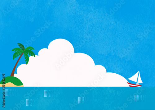 夏の海、入道雲、夏、海とヨットのベクターイラスト