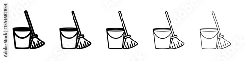 besom with stick and pail icon flat simple outline logo