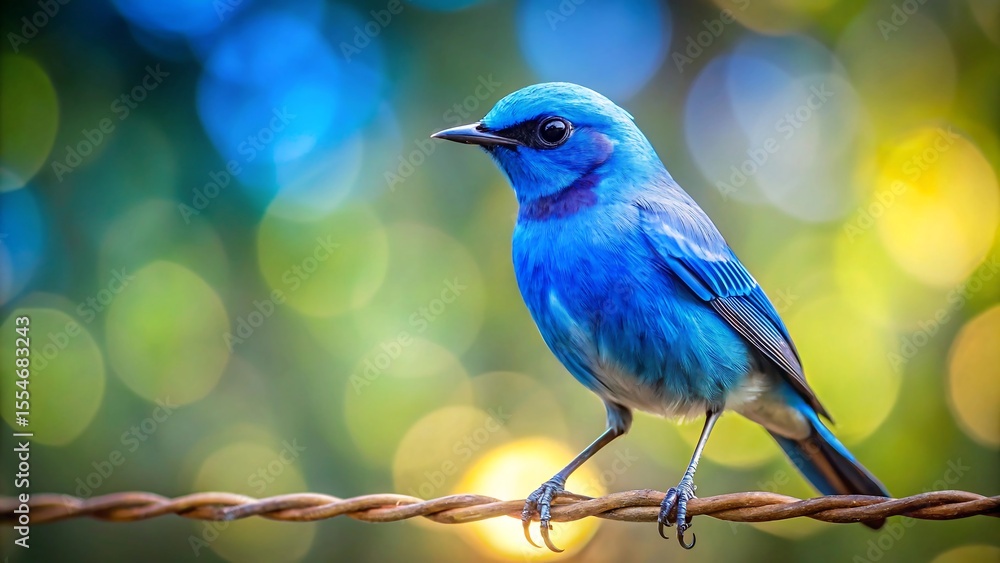 Fototapeta premium Vibrant Blue Bird Perched on Wire, Bokeh Background, Serene Nature Scene, Vivid Colors, Wildlife Photography