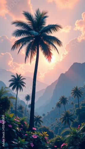 Pixel Art Tropical Sunset Landscape with Palm Trees and Mountains