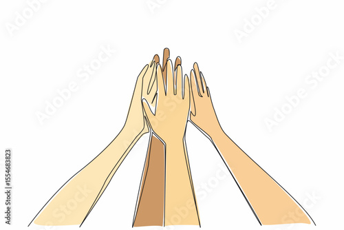Single one line drawing 6 hands with open palms, raised and tossed together. Setting a common mission. Achieving success together. Trusty. Join Hands Day. Continuous line design graphic illustration