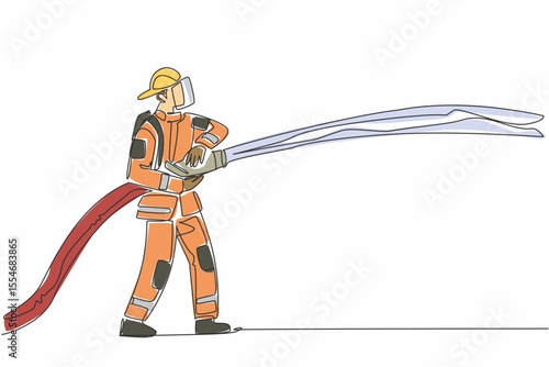 Continuous one line drawing firefighter standing holding a fire hose that sprays water. Focus on work. Prevent the spread. International Firefighters Day. Single line draw design vector illustration