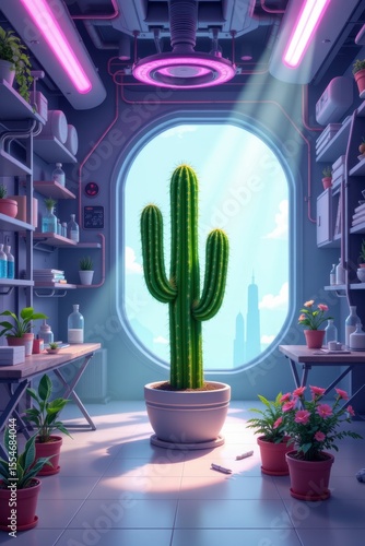 Pixel Art Depiction of a Futuristic Indoor Space with a Large Cactus