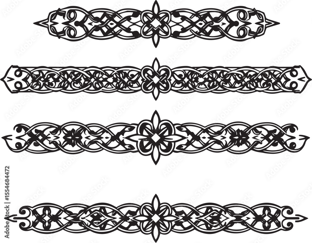 Fototapeta premium A set of decorative patterned borders, lines, and stripes. Hand drawn vector illustration 
