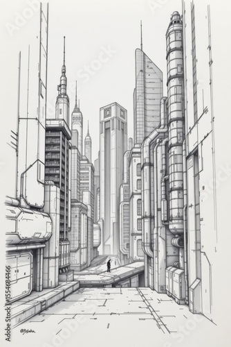Grayscale Cityscape Sketch Futuristic Architecture and Geometric Lines