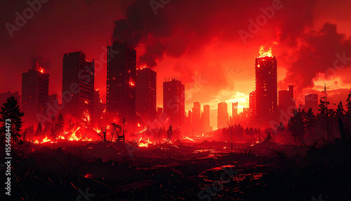 City Ablaze: An ominous depiction of urban destruction, with towering structures engulfed in raging flames against a blood-red sky, evokes feelings of chaos and devastation.