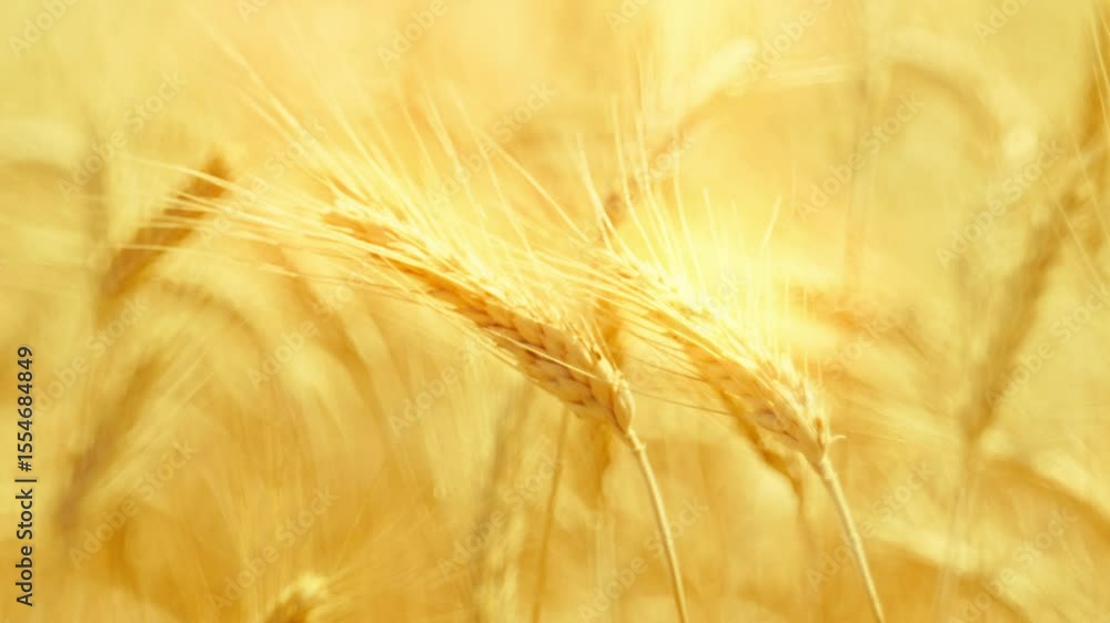 Golden wheat ears swaying in warm sunlight, symbolizing harvest, nature's abundance, and the serenity of a summer field at sunset. Close-up with beautiful soft focus. Cinematic. Golden wheat ears swaying in warm sunlight, symbolizing harvest, nature's abundance, and the serenity of a summer field at sunset. Close-up with beautiful soft focus. Cinematic.
