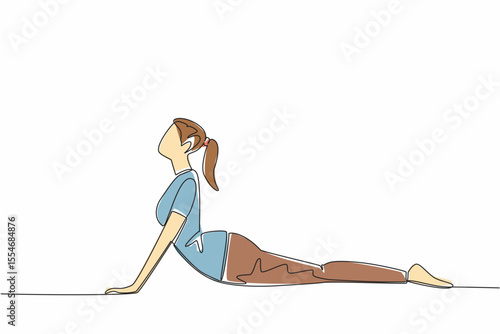 Single continuous line drawing woman wearing short sleeve t-shirt posing on the floor. Movement trains focus on the mind. Do yoga in the spare time. Pilates Day. One line design vector illustration