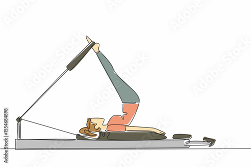Single continuous line drawing woman posing on fitness equipment. Exercise to maintain body. Make it always healthy. Training. Adult women activities. Pilates Day. One line design vector illustration