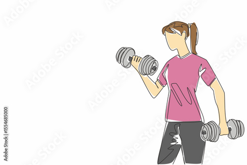 Single continuous line drawing a woman lifting dumbbells in each hand. Exercise to become stronger and healthier. Sweat. Gym. Needs of woman. National Fitness Day. One line design vector illustration