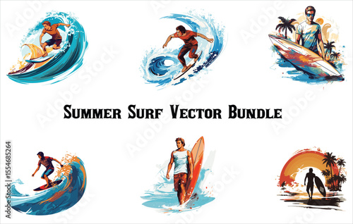 Awesome male surfers surfing ,surf vector bundle  , summer vector bundle , vector surfboard set isolated on white background, various surf tables, flat style, cartoon vector illustration 