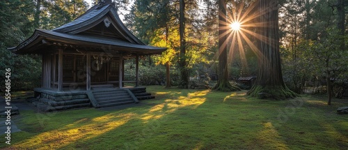 Small building in a forest with sunlight streaming through trees illuminating the grass.