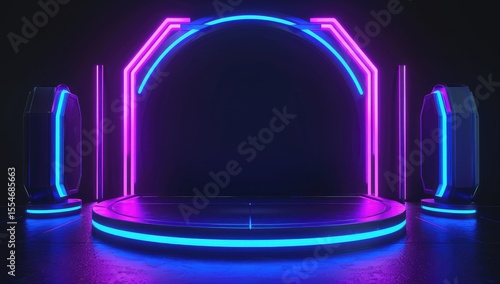 3D rendering of the background for an arcade game, with neon lights and geometric shapes floating in space around the center circle. 