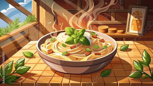 A bowl of creamy Alfredo pasta topped with grilled chicken sits steaming on a rustic wooden table. Fresh basil leaves, grated Parmesan, and cracked black pepper decorate the dish. Light from a nearby 