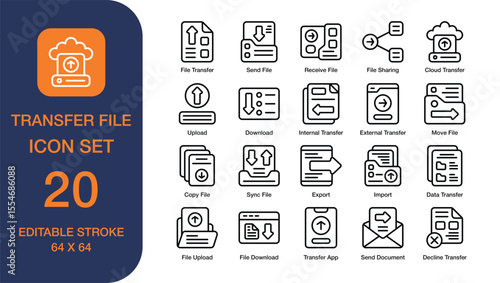 Transfer File set of icon in line style. Transfer File user interface icon collection. Containing File Transfer, Send File, File Sharing, Move File, File Download, and more. Editable Stroke