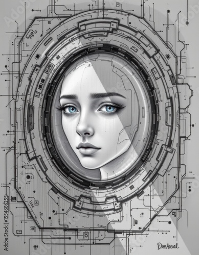 Monochrome Portrait of a Woman in a Technological Frame