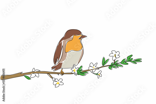 Single one line drawing robin perched on a tree branch with leaves and flowers. Famous birds in America and Europe. Songbird. International Dawn Chorus Day. Continuous line design graphic illustration