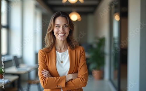 Happy cheerful 45 year old Latin professional mid aged business woman corporate leader, smiling positive mature female executive manager standing in office arms crossed looking at camera, portrait.