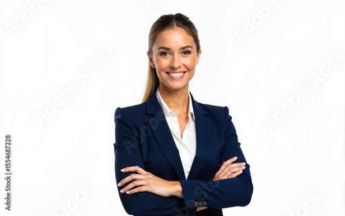Confident businesswoman smiles confidently in corporate portrait. Female executive in navy blue suit stands against white background. Pro image suitable for business ceo roles. Modern business woman