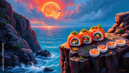 Pixel Art Sushi Sunset Vibrant Orange Rolls on Ocean Cliff