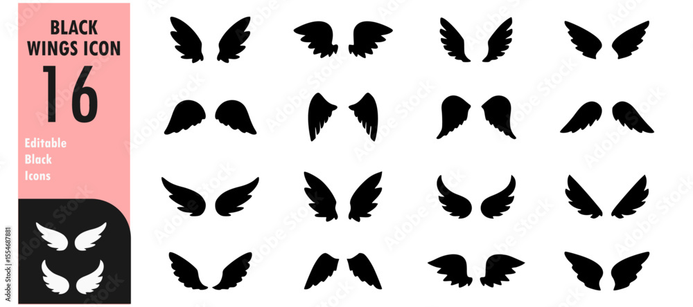 Fototapeta premium Set of black wings icons. Wings icons. Bird wings, angel wings elements. Wing collection in different shape. Wings badges. Vector illustration