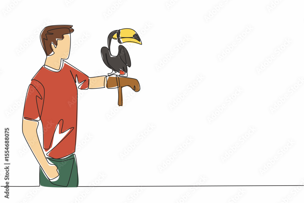 Fototapeta premium Single one line drawing toucan bird perched on hand of man. The most attractive bird in the zoo. Long orange beak. Not good at flying. Man Holding Bird. Continuous line design graphic illustration