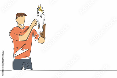 Single one line drawing cockatoo bird perched on hand of man. A bird with quite good intelligence that has beautiful feathers. Pet birds. Man Holding Bird. Continuous line design graphic illustration