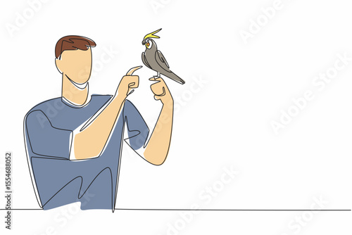 Continuous one line drawing grey cockatiel perched on hand of man. Beautiful bird with a tame and calm nature. The obedient little parrot. Man Holding Bird. Single line draw design vector illustration