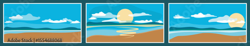 Set of horizontal seascapes in flat style. White clouds on blue sky, yellow sun, golden sand, sandy beach, turquoise water. Vector designs with copy space