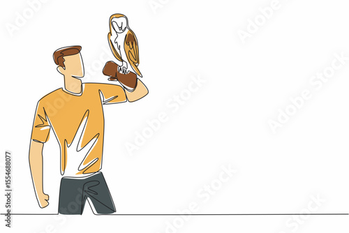 Continuous one line drawing barn owl perched on hand of man. Has a distinctive facial feature with a heart pattern. Gentle to humans. Man Holding Bird. Single line draw design vector illustration