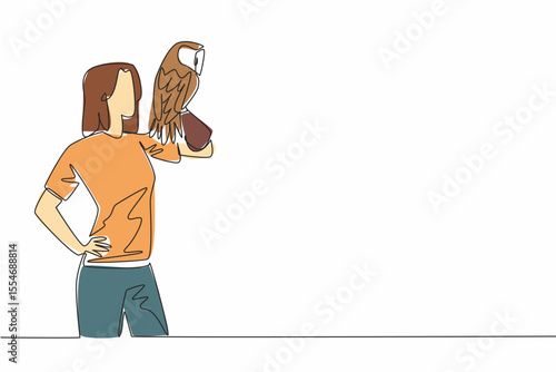 Single one line drawing tawny owl perched on hand of woman. Medium sized owl that lives in England. One of the favorite animals to keep. Woman Holding Bird. Continuous line design graphic illustration