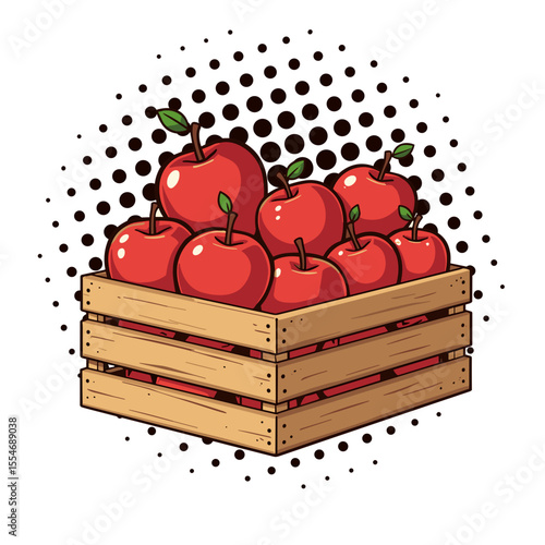 Wooden crate of apples in pop art style, harvest abundance and autumn bounty