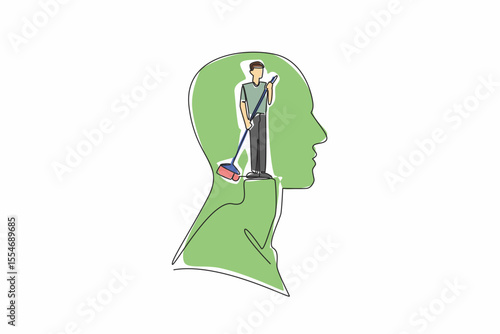Single one line drawing the head of a man in the middle of his head is a man sweeping. Clearing the mind of unnecessary things. Inside the Head of Man. Continuous line design graphic illustration