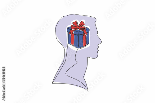 Continuous one line drawing the head of a man with a gift box in the middle of his head. Will give the most beautiful gift. Elegant. Inside the Head of Man. Single line draw design vector illustration