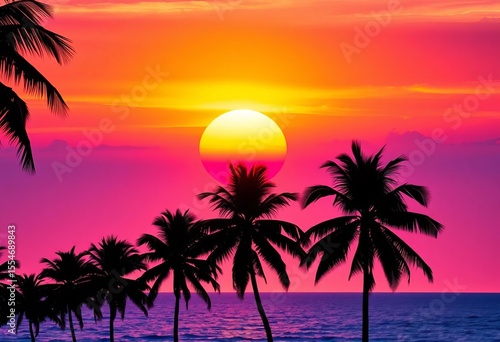 Abstract sunset over tropical sea, silhouetted palm trees, palm trees, illustration