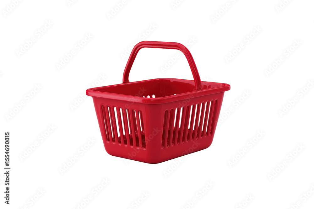 Fototapeta premium Red plastic shopping basket with a handle isolated on black The container has vertical slots and a smooth rounded design