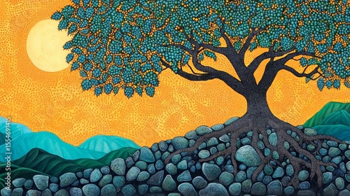 Painting of a tree with exposed roots on rocks against a yellow sky.