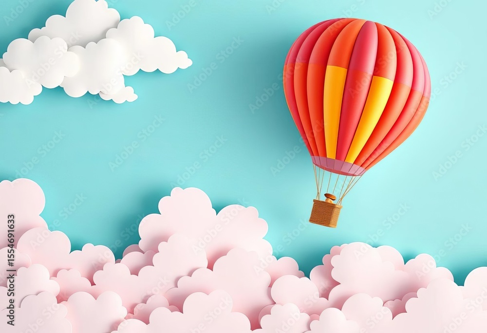 Fototapeta premium Vibrant paper cut sky, fluffy clouds, whimsical hot air balloon soaring, bright, fantasy