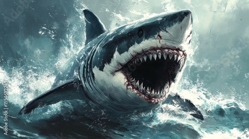 Great White Shark Ocean Predator Dramatic Painting