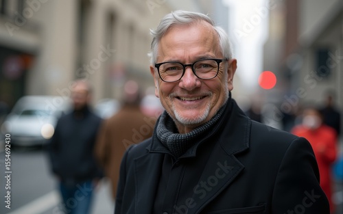 Mature smiling man with glasses wearing black coat. High quality
