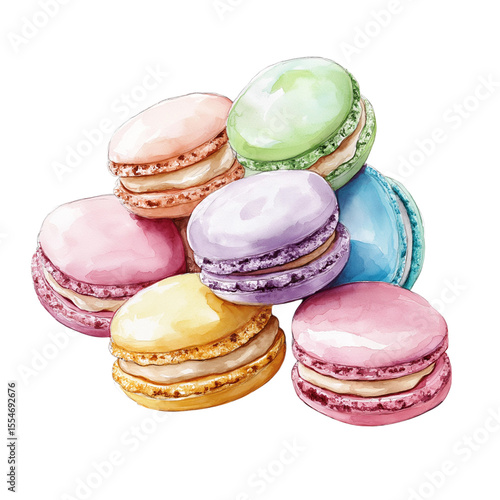 Watercolor illustration of colorful French macarons with pastel shades and creamy fillings on white