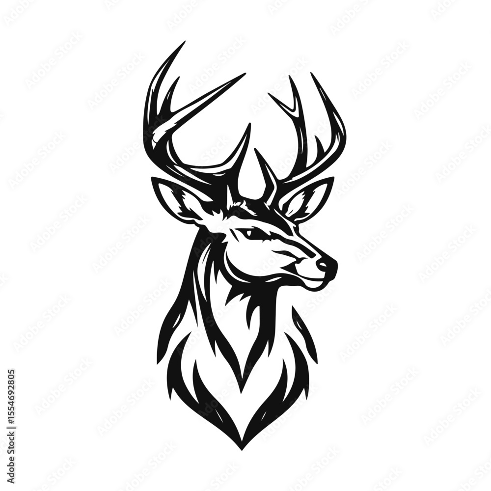 Naklejka premium Deer head silhouette with antlers in black and white line art, bold animal profile with strong forest vibe, deer head, deer silhouette, antler art, forest animal, wildlife illustration