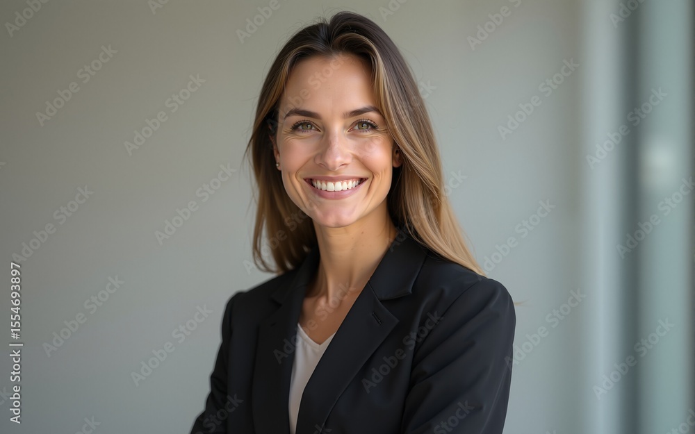 A woman in a suit is smiling for the camera. High quality A woman in a suit is smiling for the camera. High quality